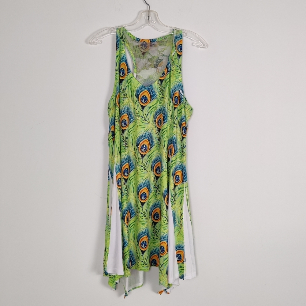 Women's Peacock Feather Print Tank Top - Size Large, Polyester-Spandex Blend